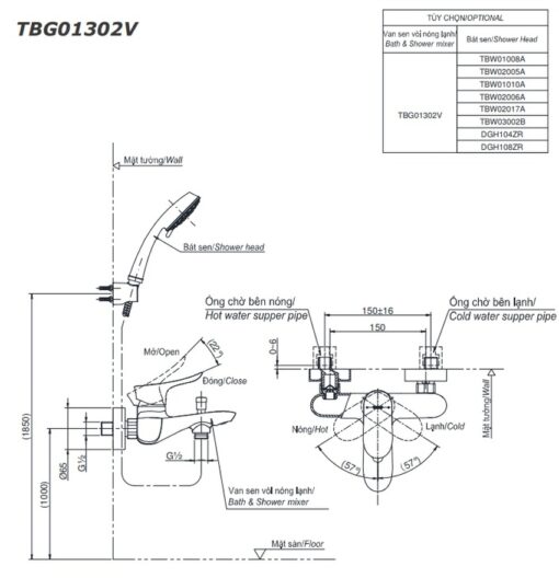 Bộ sen tắm nóng lạnh TOTO TBG01302VA TBW02005A