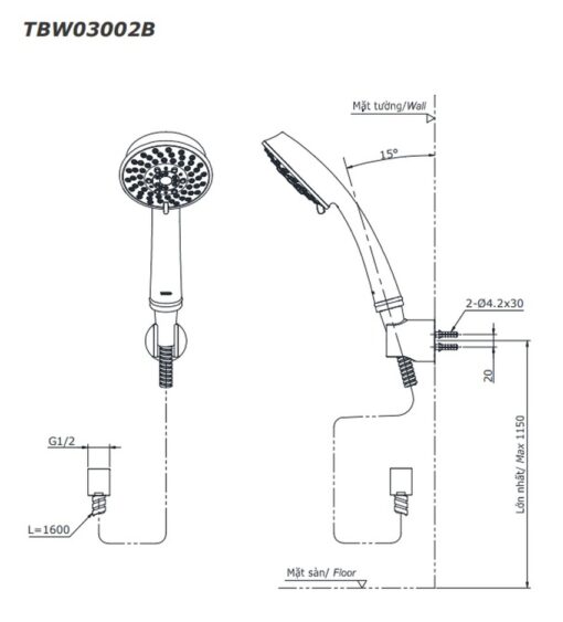 Bộ sen tắm nóng lạnh TOTO TBG01302VA TBW03002B (5 chế độ)