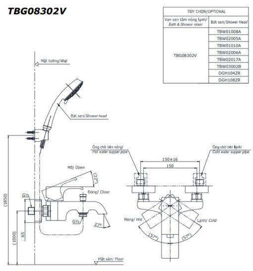 Bộ sen tắm nóng lạnh TOTO TBG08302VA TBW09000V