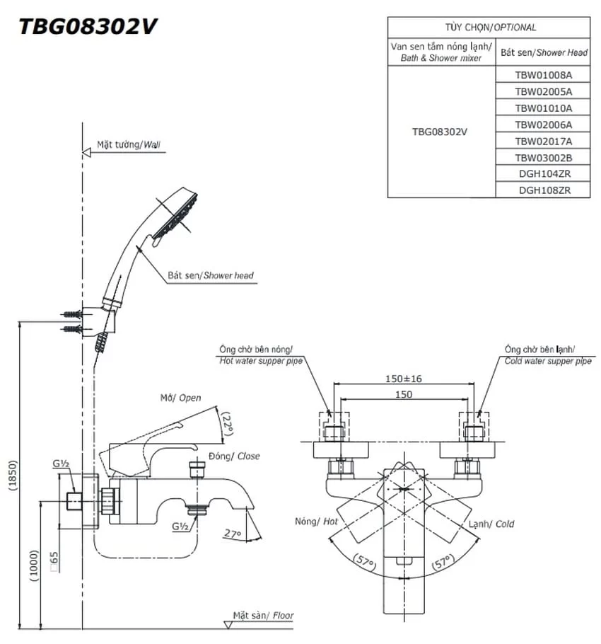 Bộ sen tắm nóng lạnh TOTO TBG08302VA TBW09000V 6 Bộ sen tắm nóng lạnh TOTO TBG08302VA TBW09000V