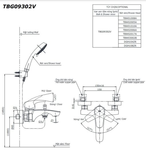 Bộ sen tắm nóng lạnh TOTO TBG09302VA TBW09010V (3 chế độ)