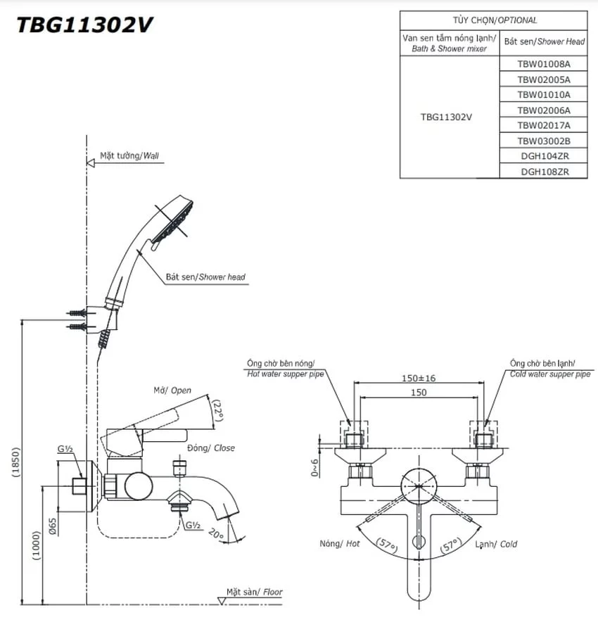 Bộ sen tắm nóng lạnh TOTO TBG11302VA TBW01008V 6 Bộ sen tắm nóng lạnh TOTO TBG11302VA TBW01008V