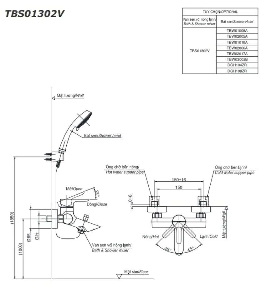 Bộ sen tắm nóng lạnh TOTO TBS01302V TBW01008A 4 Bộ sen tắm nóng lạnh TOTO TBS01302V TBW01008A