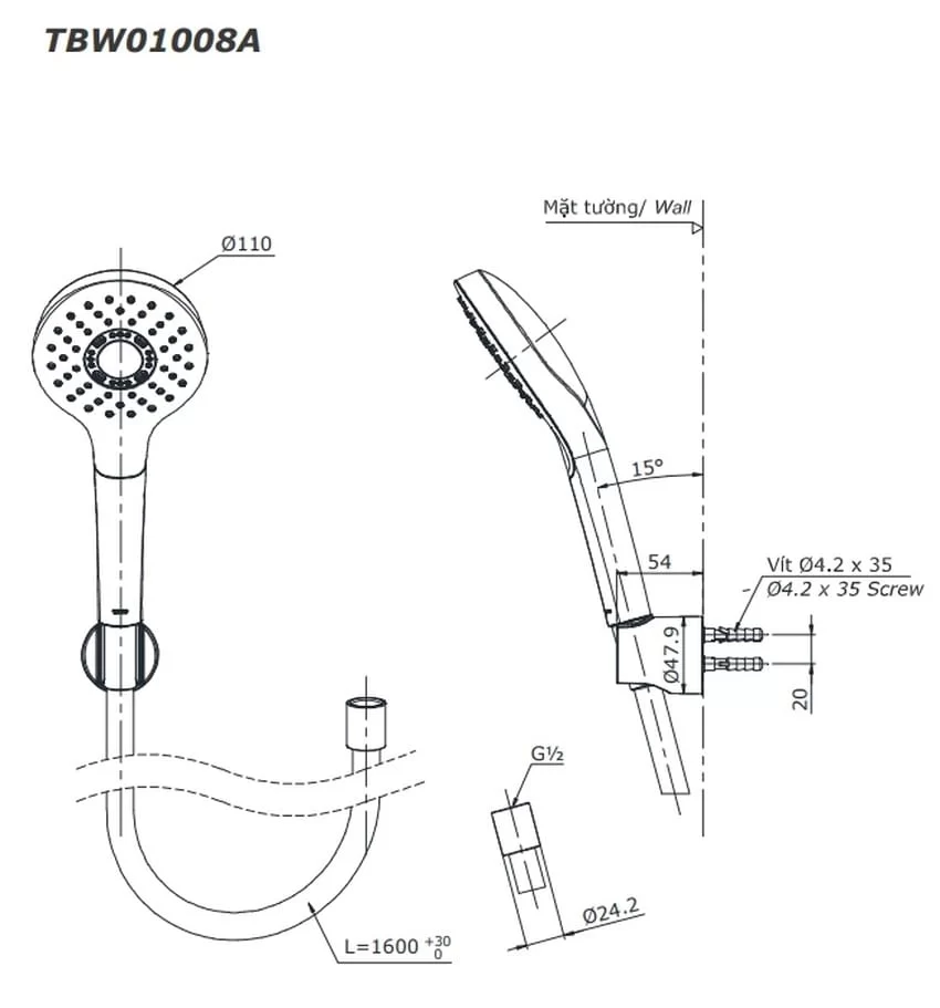 Bộ sen tắm nóng lạnh TOTO TBS01302V TBW01008A 6 Bộ sen tắm nóng lạnh TOTO TBS01302V TBW01008A