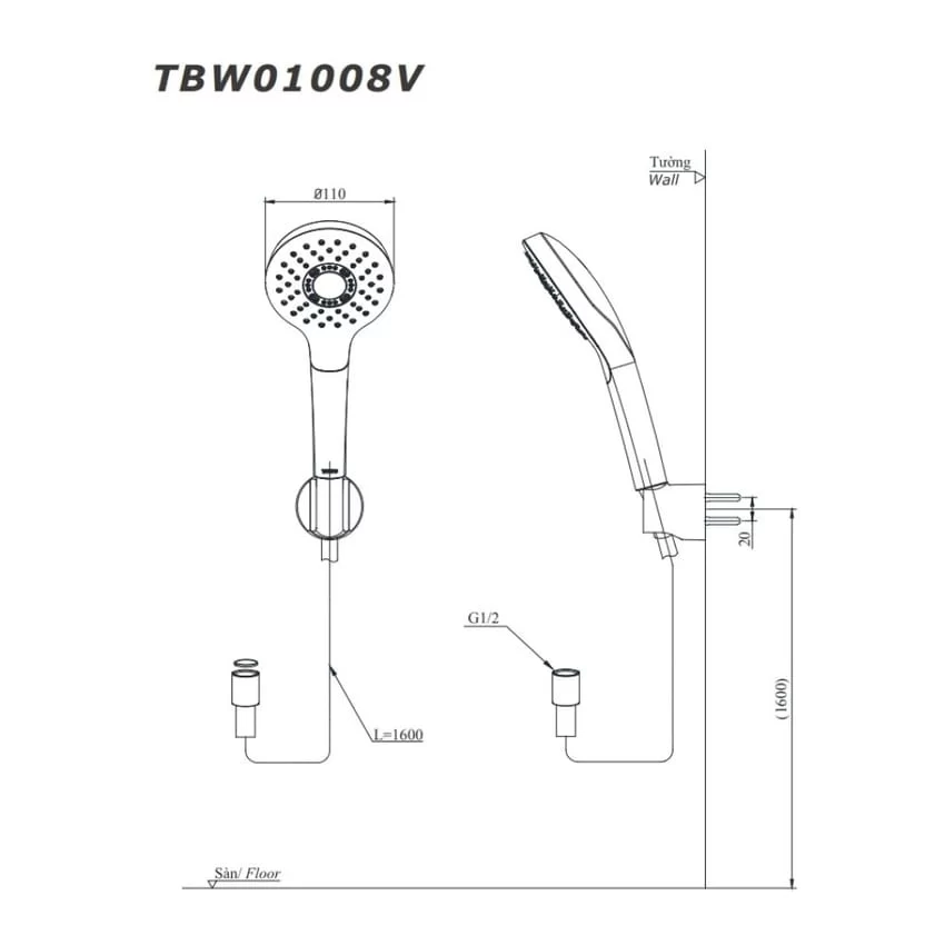 Bộ sen tắm nóng lạnh TOTO TBS01302V TBW01008V 7 Bộ sen tắm nóng lạnh TOTO TBS01302V TBW01008V