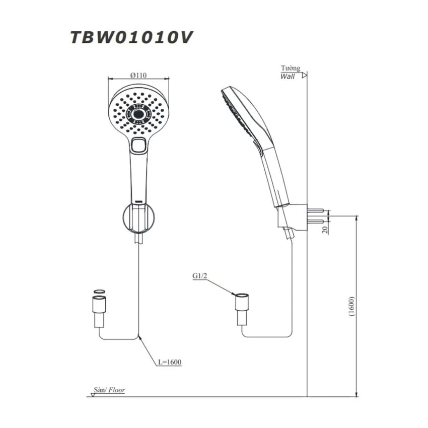 Bộ sen tắm nóng lạnh TOTO TBS01302V TBW01010A (3 chế độ) 7 Bộ sen tắm nóng lạnh TOTO TBS01302V TBW01010A (3 chế độ)