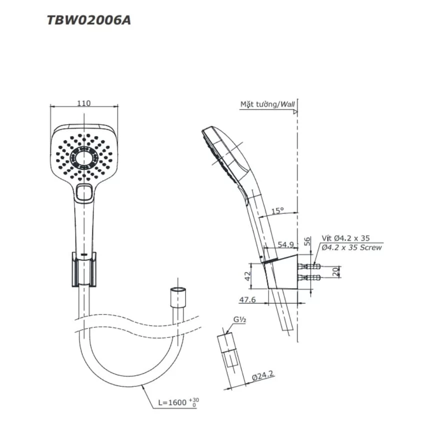 Bộ sen tắm nóng lạnh TOTO TBS01302V TBW02006A (3 chế độ) 7 Bộ sen tắm nóng lạnh TOTO TBS01302V TBW02006A (3 chế độ)