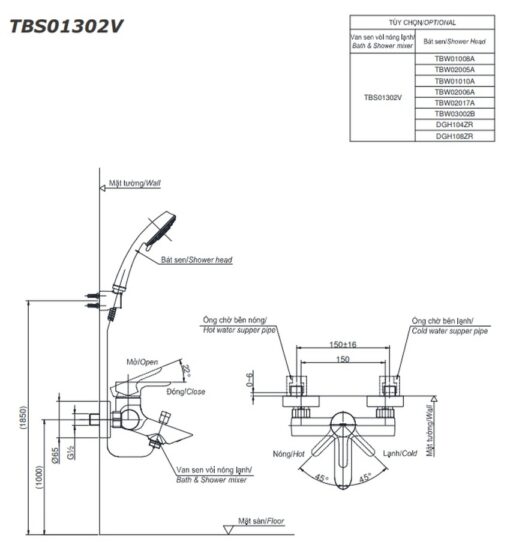 Bộ sen tắm nóng lạnh TOTO TBS01302V TBW02017A