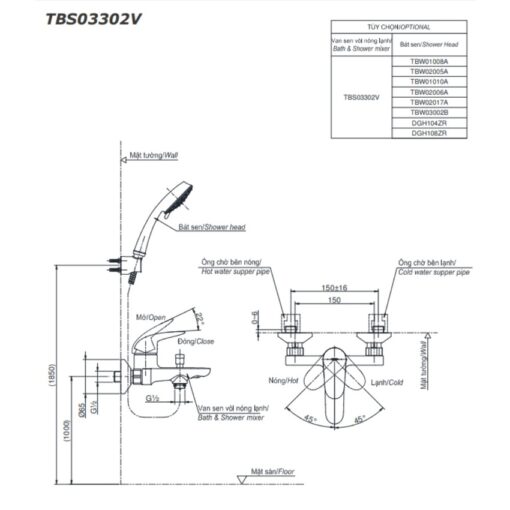 Bộ sen tắm nóng lạnh TOTO TBS03302V TBW02006A (3 chế độ)