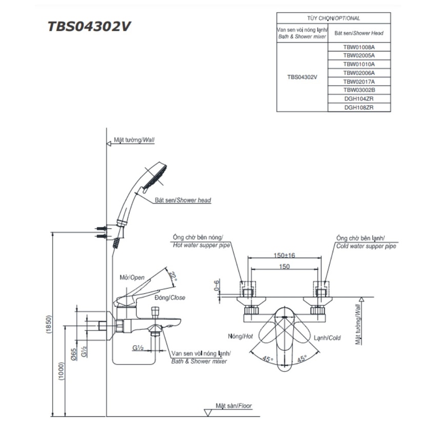 Bộ sen tắm nóng lạnh TOTO TBS04302V TBW01035V - Hình 2 Bộ sen tắm nóng lạnh TOTO TBS04302V TBW01035V