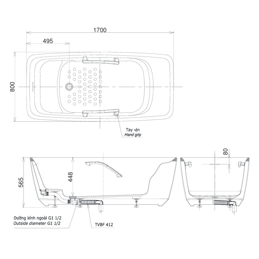 Bồn tắm TOTO PJY1724WHPWEN#GW GALALATO 1m7 tay vịn trắng bóng - Hải Yến Home Bồn tắm TOTO PJY1724WHPWEN#GW