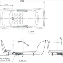 Bồn tắm đặt sàn TOTO PJY1724WHPWEN#GW TVBF412 GALALATO 1m7 tay vịn gồm ống thải