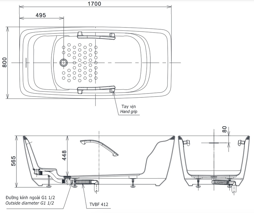 Bồn tắm đặt sàn TOTO PJY1724WHPWEN#GW TVBF412 GALALATO 1m7 tay vịn gồm ống thải 9 Thiết kế sang trọng của bồn tắm TOTO
