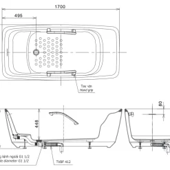 Bồn tắm đặt sàn TOTO PJY1724WPWEN#GW TVBF412 GALALATO 1m7 gồm ống thải