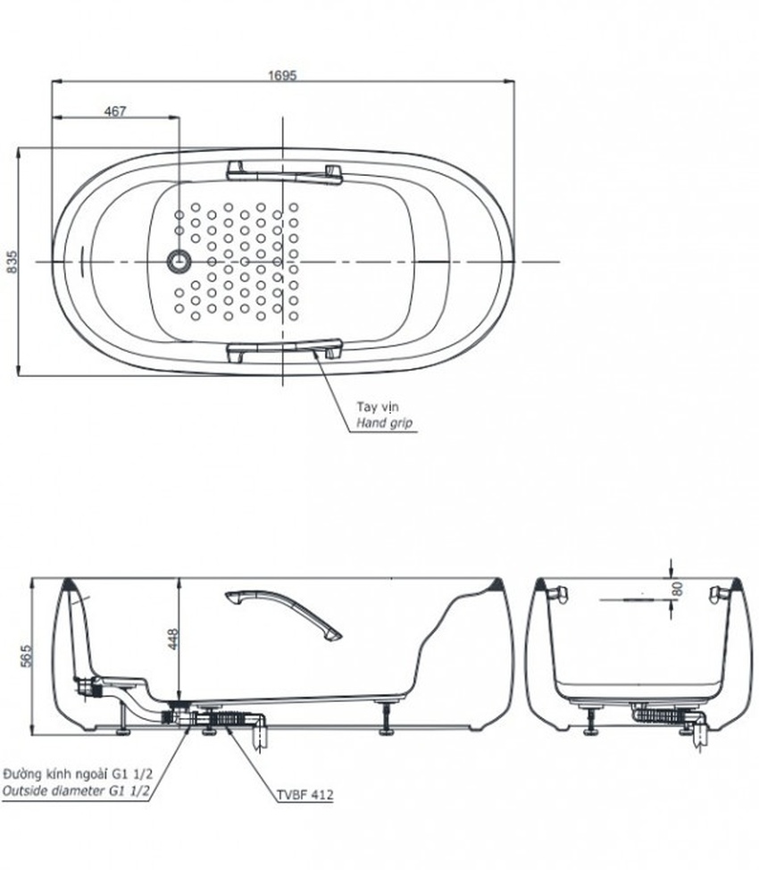 Bồn tắm đặt sàn TOTO PJY1744PWEN#GW TVBF412 GALALATO 1m7 gồm ống thải 7 Bồn tắm đặt sàn TOTO PJY1744PWEN#GW TVBF412 GALALATO 1m7