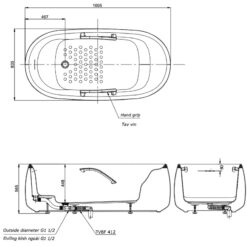 Bồn tắm đặt sàn TOTO PJY1744WHPWEN#GW TVBF412 GALALATO 1m7 tay vịn gồm ống thải