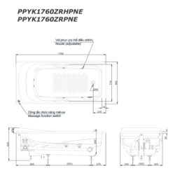 Bồn tắm massage TOTO PPYK1760ZRHPNE#P TVBF412 DB505R-2B ngọc trai 1m7 tay vịn gồm bộ xả thải