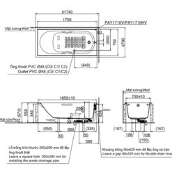 Bồn tắm TOTO PAY1710HV#W TVBF411 nhựa 1m7 tay vịn gồm bộ xả thải