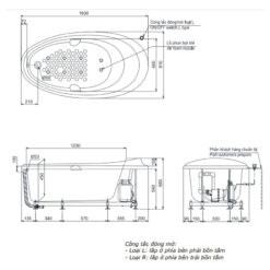Bồn tắm TOTO PPYB1610RHPTE#P TVBF412 ngọc trai massage 1m6 tay vịn gồm ống thải