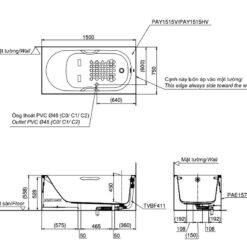 Bồn tắm yếm TOTO PAY1515HVC#W TVBF411 nhựa 1m5 tay vịn gồm bộ xả thải