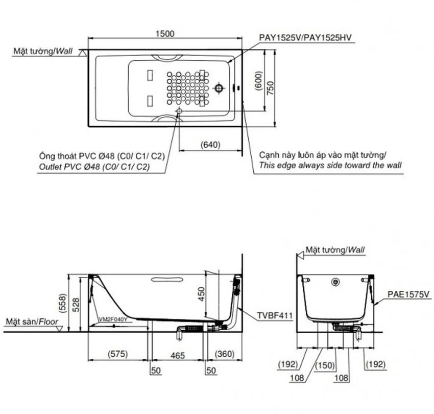 Bồn tắm yếm TOTO PAY1525HVC#W nhựa 1m5 tay vịn 7 Thiết kế bồn tắm yếm TOTO PAY1525HVC#W - SKU: PAY1525HVC