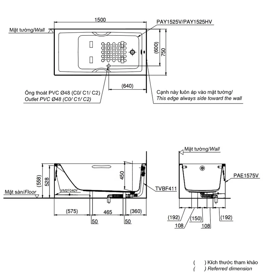 Màu sắc bồn tắm TOTO PAY1525VC/TVBF411 Bồn tắm yếm TOTO PAY1525VC#W TVBF411 với màu trắng tinh tế