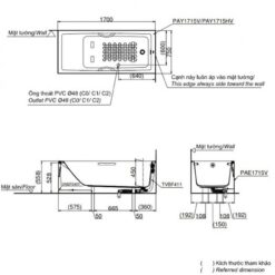 Bồn tắm yếm TOTO PAY1715HVC#W nhựa 1m7 tay vịn
