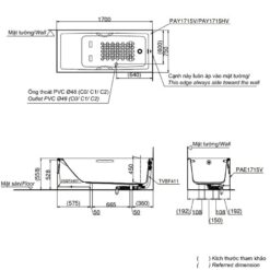 Bồn tắm yếm TOTO PAY1715HVC#W TVBF411 nhựa 1m7 tay vịn gồm bộ xả thải