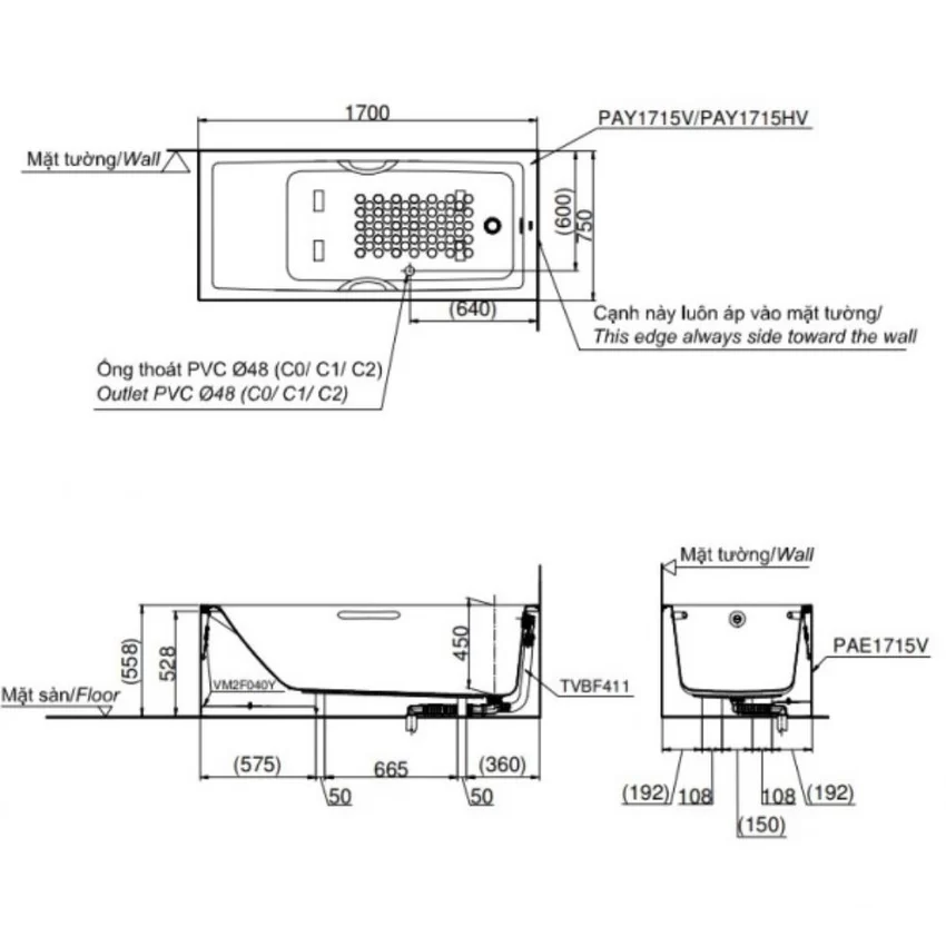 Sử dụng bồn tắm TOTO PAY1715VC#W SKU: PAY1715VC/TVBF411 Sử dụng bồn tắm TOTO PAY1715VC#W