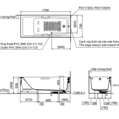 Bồn tắm yếm TOTO PAY1725HVC#W nhựa 1m7 tay vịn