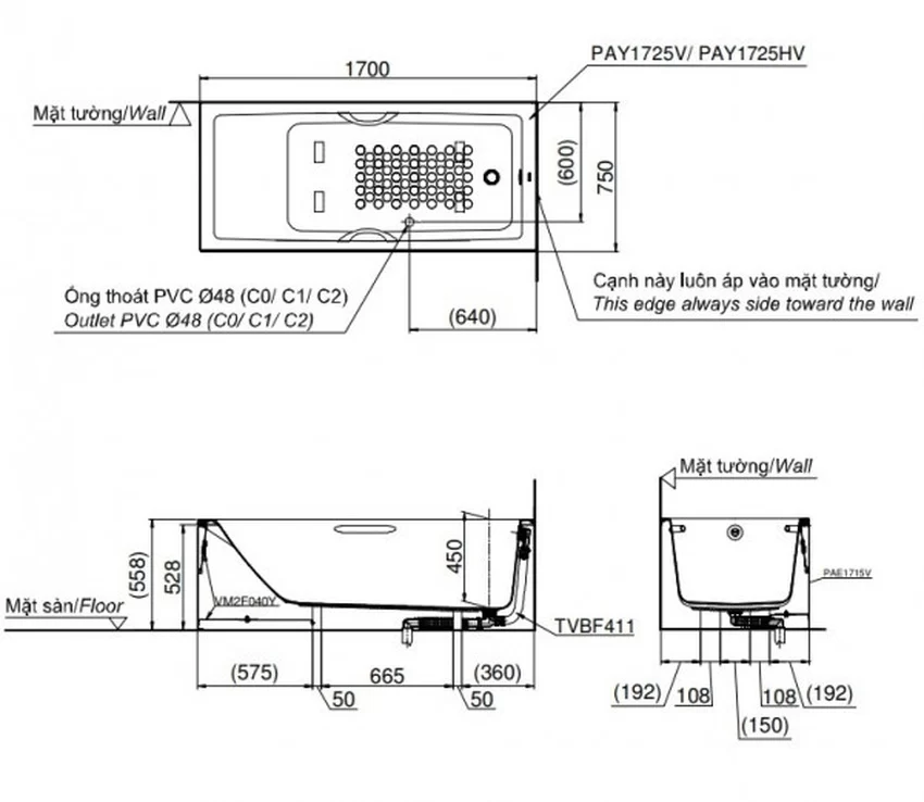 Bồn tắm yếm TOTO PAY1725HVC#W nhựa 1m7 tay vịn 7 Thiết kế hiện đại của bồn tắm PAY1725HVC#W - SKU: PAY1725HVC