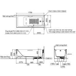 Bồn tắm yếm TOTO PAY1725HVC#W TVBF411 nhựa 1m7 tay vịn gồm bộ xả thải