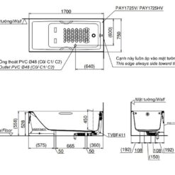 Bồn tắm yếm TOTO PAY1725VC#W TVBF411 nhựa 1m7 gồm bộ xả thải