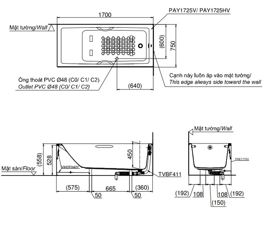 Bồn tắm yếm TOTO PAY1725VC#W TVBF411 Bồn tắm yếm TOTO PAY1725VC#W TVBF411