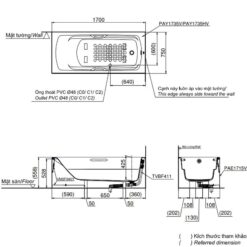 Bồn tắm yếm TOTO PAY1735HVC#W TVBF411 nhựa 1m7 tay vịn gồm bộ xả thải