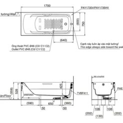 Bồn tắm yếm TOTO PAY1735VC#W TVBF411 nhựa 1m7 gồm bộ xả thải