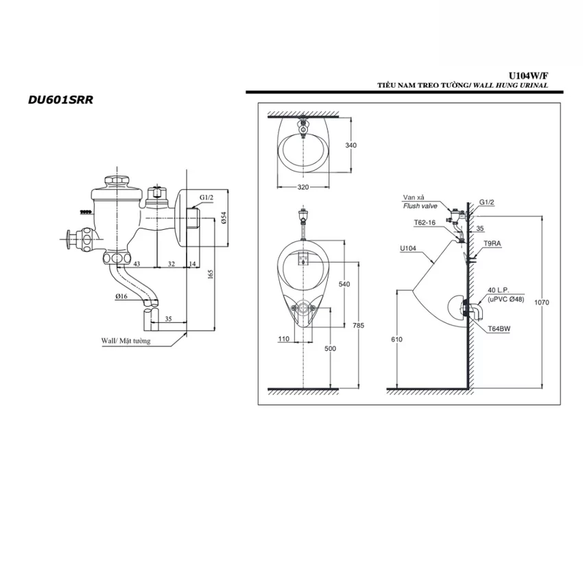 Bồn tiểu nam TOTO U104W/F DU601SRR treo tường kèm van xả nhấn 4 Bồn tiểu nam TOTO U104W/F DU601SRR treo tường kèm van xả nhấn
