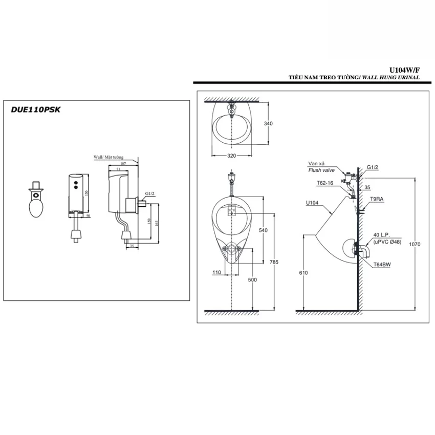 Bồn tiểu nam TOTO U104W/F DUE110PSK Bồn tiểu nam TOTO U104W/F DUE110PSK treo tường kèm van cảm ứng