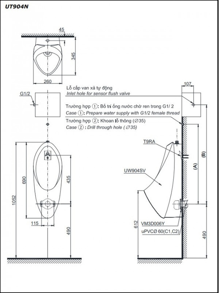 Bồn tiểu nam TOTO UT904N treo tường xả 2L đường cấp nước trên 8 Bồn tiểu nam TOTO UT904N treo tường xả 2L đường cấp nước trên