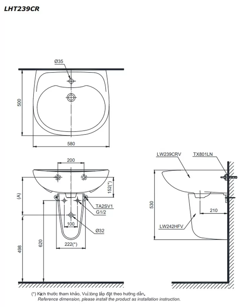 Chậu lavabo treo tường TOTO LHT239CR chân lửng 9 Chậu lavabo treo tường TOTO LHT239CR chân lửng -SKU: LHT239CR