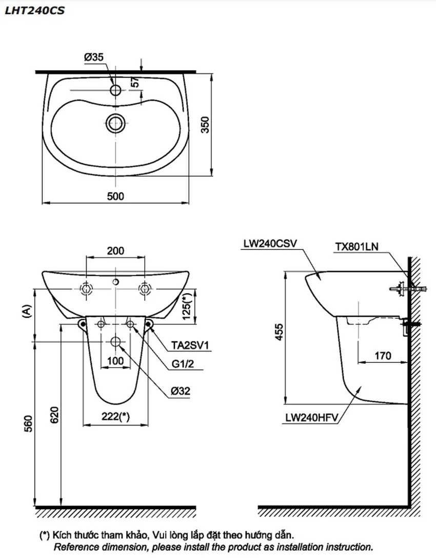 Chậu lavabo treo tường TOTO LHT240CS chân lửng 8 Chậu lavabo treo tường TOTO LHT240CS chân lửng