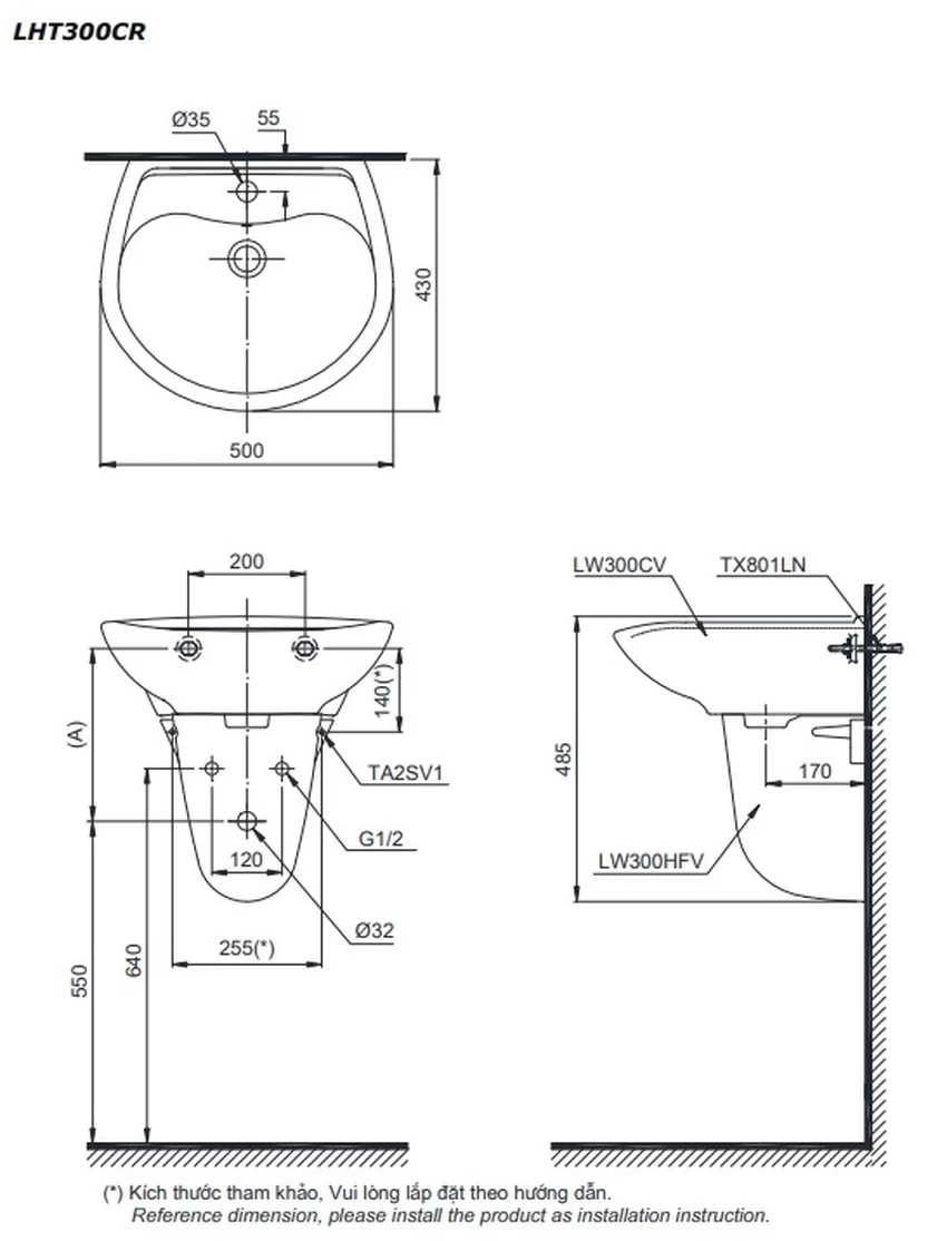 Chậu lavabo treo tường TOTO LHT300CR chân lửng 10 Chậu lavabo treo tường TOTO LHT300CR chân lửng