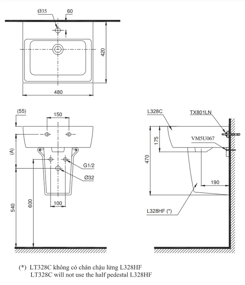 Chậu lavabo treo tường TOTO LHT328C chân lửng 9 Chậu lavabo treo tường TOTO LHT328C chân lửng