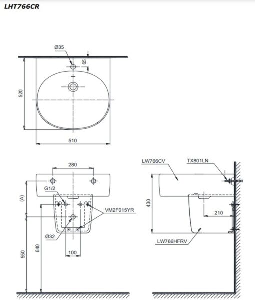 Chậu lavabo treo tường TOTO LHT766CR chân lửng