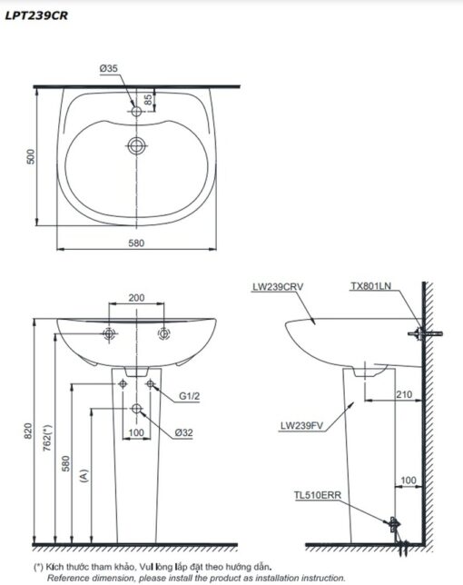 Chậu lavabo treo tường TOTO LPT239CR chân dài