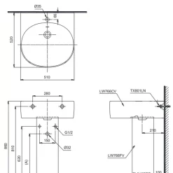 Chậu lavabo treo tường TOTO LPT766C chân dài 17 Chậu lavabo treo tường TOTO LPT766C chân dài