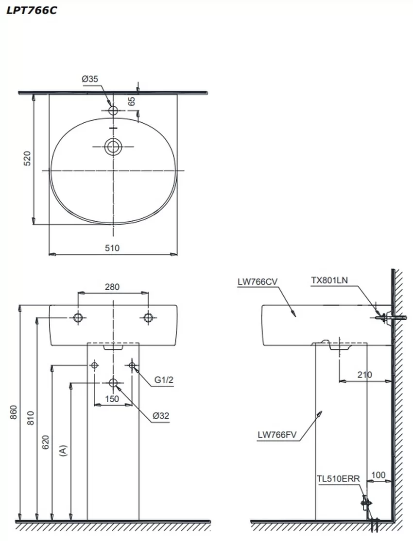 Chậu lavabo treo tường TOTO LPT766C chân dài 10 Chậu lavabo treo tường TOTO LPT766C chân dài