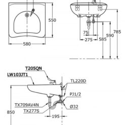 Chậu lavabo treo tường TOTO LW103JT1 TL220D T205QN cho người khuyết tật