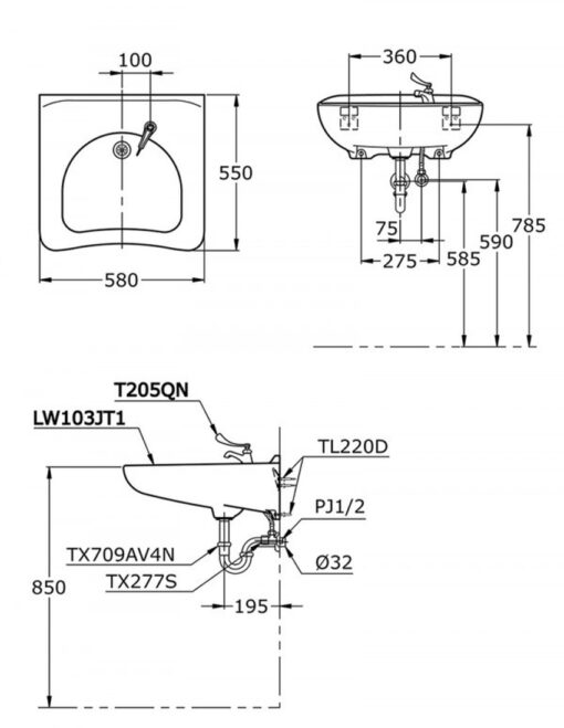 Chậu lavabo treo tường TOTO LW103JT1 TL220D T205QN cho người khuyết tật