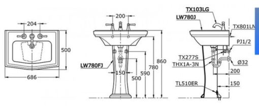 Chậu lavabo treo tường TOTO LW780J LW780FJ TX801LN TL510ERR chân dài cổ điển